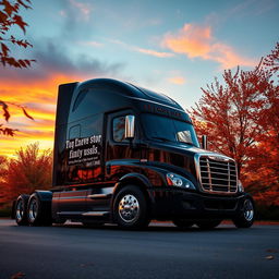 a shiny black Freightliner Cascadia parked gracefully against a stunning sunset, bordered by the rich vibrancy of autumn trees swaying gently in the breeze