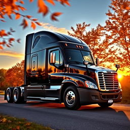 a shiny black Freightliner Cascadia parked gracefully against a stunning sunset, bordered by the rich vibrancy of autumn trees swaying gently in the breeze