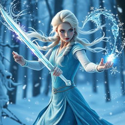 A breathtaking depiction of Elsa as a winter eladrin sword-dancing ice sorcerer