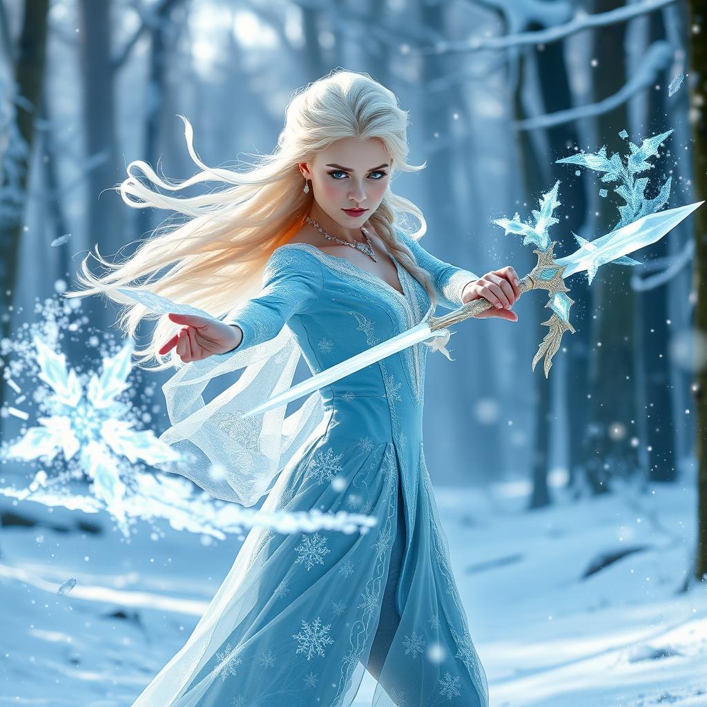 A breathtaking depiction of Elsa as a winter eladrin sword-dancing ice sorcerer