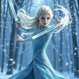 A breathtaking depiction of Elsa as a winter eladrin sword-dancing ice sorcerer