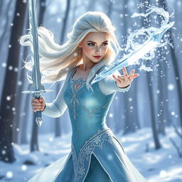 A breathtaking depiction of Elsa as a winter eladrin sword-dancing ice sorcerer