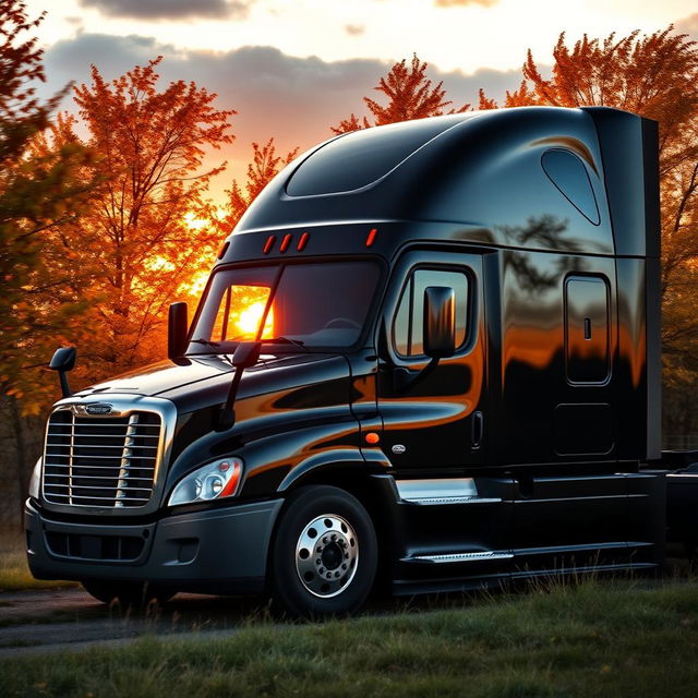 a shiny black Freightliner Cascadia nestled against a breathtaking sunset backdrop, amidst vibrant autumn trees with leaves swirling in the wind