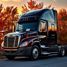 a shiny black Freightliner Cascadia nestled against a breathtaking sunset backdrop, amidst vibrant autumn trees with leaves swirling in the wind