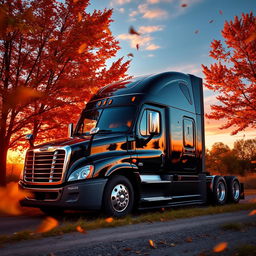 a shiny black Freightliner Cascadia nestled against a breathtaking sunset backdrop, amidst vibrant autumn trees with leaves swirling in the wind