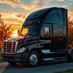 a shiny black Freightliner Cascadia nestled against a breathtaking sunset backdrop, amidst vibrant autumn trees with leaves swirling in the wind