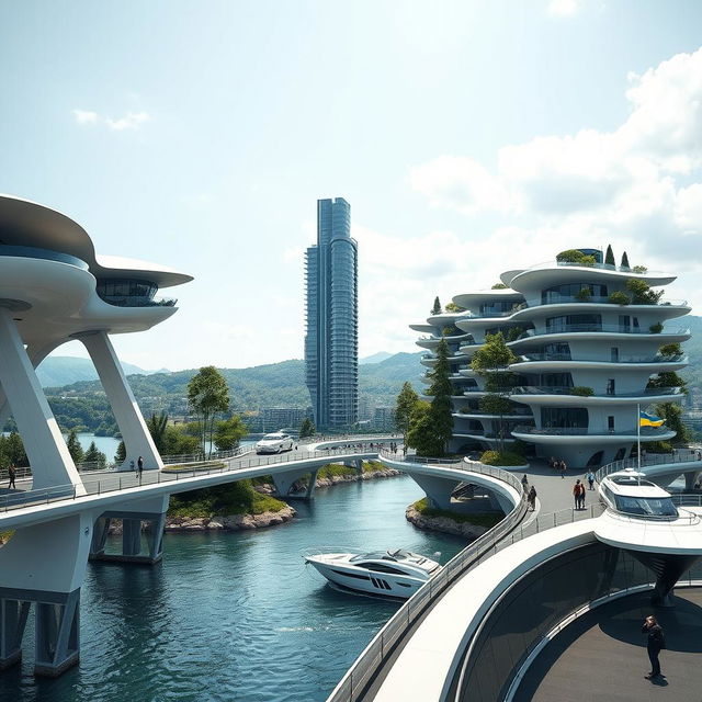 A futuristic scene of a bridge with high bionic arches, featuring horizontal bionic houses with flowing roofs and one tall vertical bionic skyscraper as part of the bridge structure