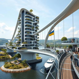 A futuristic scene of a bridge with high bionic arches, featuring horizontal bionic houses with flowing roofs and one tall vertical bionic skyscraper as part of the bridge structure