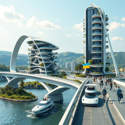 A futuristic scene of a bridge with high bionic arches, featuring horizontal bionic houses with flowing roofs and one tall vertical bionic skyscraper as part of the bridge structure