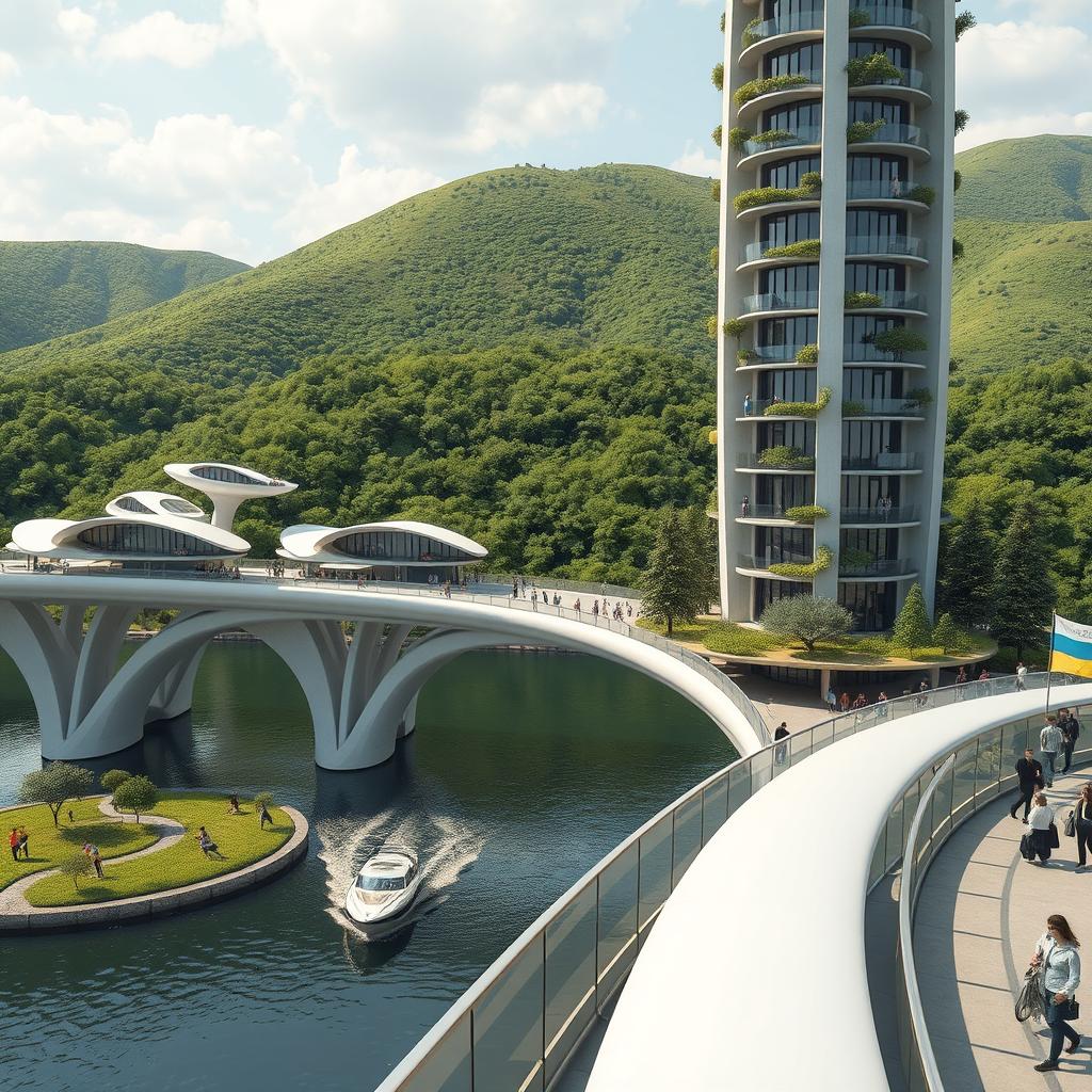 A visionary architectural landscape featuring a bridge with high bionic arches, supporting horizontal bionic houses with flowing roofs and a tall vertical bionic skyscraper integrated into the bridge structure