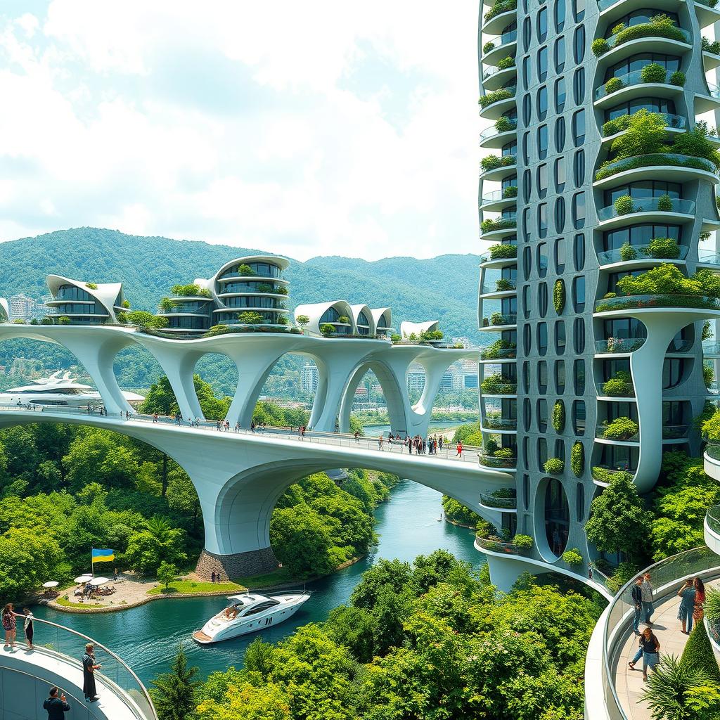 A visionary architectural landscape featuring a bridge with high bionic arches, supporting horizontal bionic houses with flowing roofs and a tall vertical bionic skyscraper integrated into the bridge structure