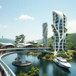 A visionary architectural landscape featuring a bridge with high bionic arches, supporting horizontal bionic houses with flowing roofs and a tall vertical bionic skyscraper integrated into the bridge structure