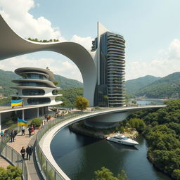 A visionary architectural landscape featuring a bridge with high bionic arches, supporting horizontal bionic houses with flowing roofs and a tall vertical bionic skyscraper integrated into the bridge structure