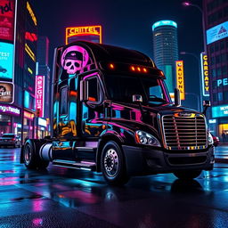 a shiny black Freightliner Cascadia set in a vibrant neon city at night