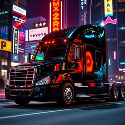 a shiny black Freightliner Cascadia set in a vibrant neon city at night