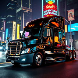 a shiny black Freightliner Cascadia set in a vibrant neon city at night