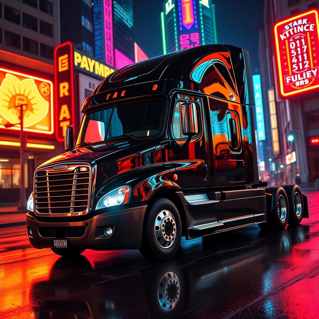 a shiny black Freightliner Cascadia set in a vibrant neon city at night