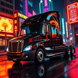 a shiny black Freightliner Cascadia set in a vibrant neon city at night