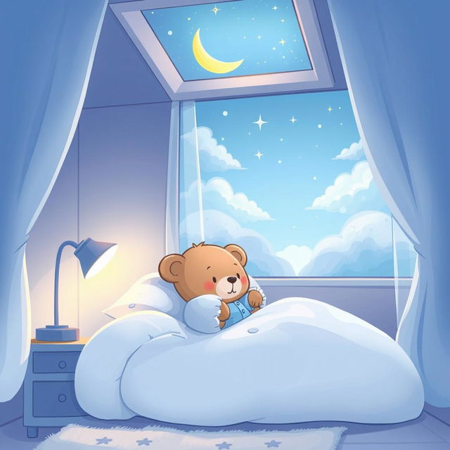 A whimsical cartoon illustrating a peaceful night's sleep, featuring a cute teddy bear in pajamas, nestled in a cozy, oversized bed