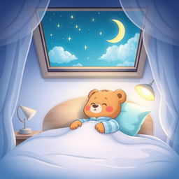 A whimsical cartoon illustrating a peaceful night's sleep, featuring a cute teddy bear in pajamas, nestled in a cozy, oversized bed