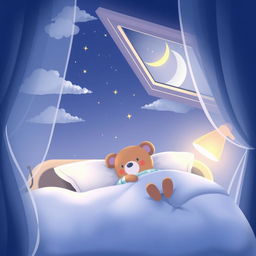 A whimsical cartoon illustrating a peaceful night's sleep, featuring a cute teddy bear in pajamas, nestled in a cozy, oversized bed