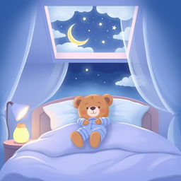 A whimsical cartoon illustrating a peaceful night's sleep, featuring a cute teddy bear in pajamas, nestled in a cozy, oversized bed