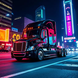 a shiny black Freightliner Cascadia in the heart of a neon-lit city at night