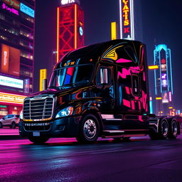 a shiny black Freightliner Cascadia in the heart of a neon-lit city at night