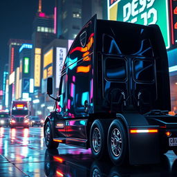 a shiny black Freightliner Cascadia in the heart of a neon-lit city at night