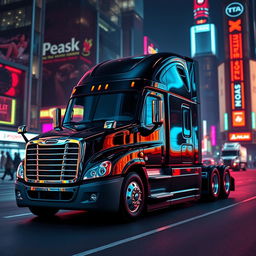 a shiny black Freightliner Cascadia in the heart of a neon-lit city at night