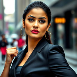 portrait of a confident and bold woman named Rasmika Mandal, striking a powerful pose, dressed in a sleek modern outfit that accentuates her strong personality