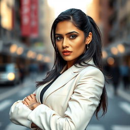 portrait of a confident and bold woman named Rasmika Mandal, striking a powerful pose, dressed in a sleek modern outfit that accentuates her strong personality