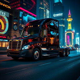 a shiny black Freightliner Cascadia illuminated by the glow of a dazzling neon city at night