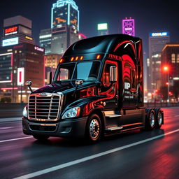 a shiny black Freightliner Cascadia illuminated by the glow of a dazzling neon city at night