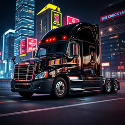 a shiny black Freightliner Cascadia illuminated by the glow of a dazzling neon city at night