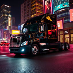 a shiny black Freightliner Cascadia illuminated by the glow of a dazzling neon city at night