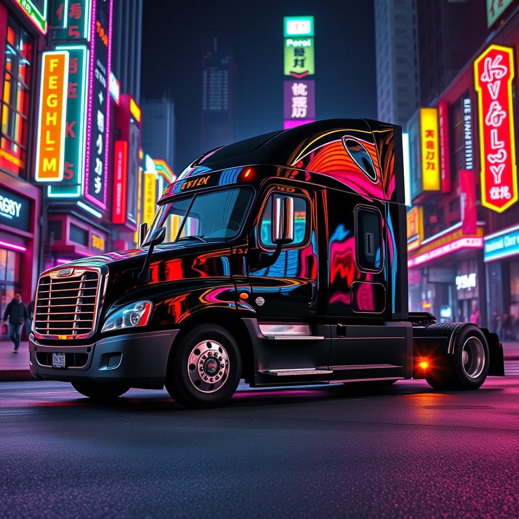 a shiny black Freightliner Cascadia parked amidst the glowing vibrance of a neon city at night