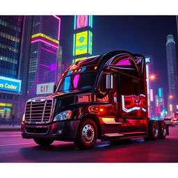 a shiny black Freightliner Cascadia parked amidst the glowing vibrance of a neon city at night