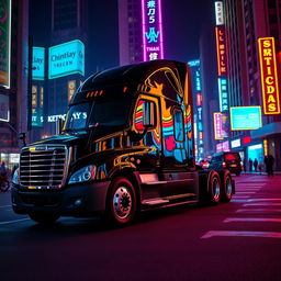 a shiny black Freightliner Cascadia parked amidst the glowing vibrance of a neon city at night