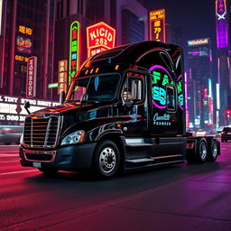 a shiny black Freightliner Cascadia parked amidst the glowing vibrance of a neon city at night