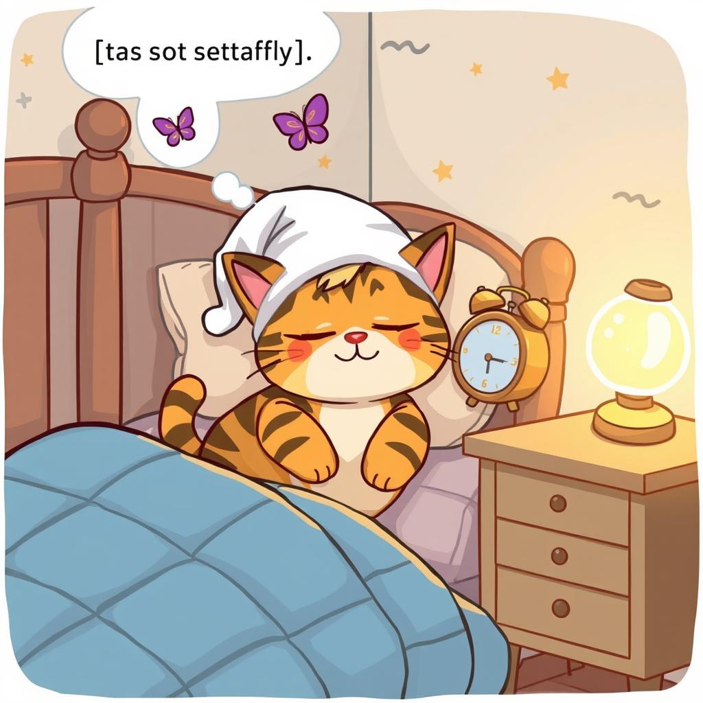 A playful cartoon scene depicting a sleepy character, a friendly and plump tabby cat, nestled in a cozy quilted bed