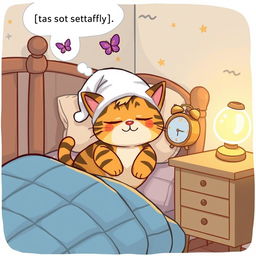 A playful cartoon scene depicting a sleepy character, a friendly and plump tabby cat, nestled in a cozy quilted bed