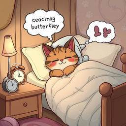 A playful cartoon scene depicting a sleepy character, a friendly and plump tabby cat, nestled in a cozy quilted bed