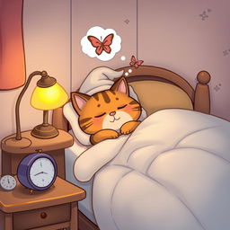 A playful cartoon scene depicting a sleepy character, a friendly and plump tabby cat, nestled in a cozy quilted bed