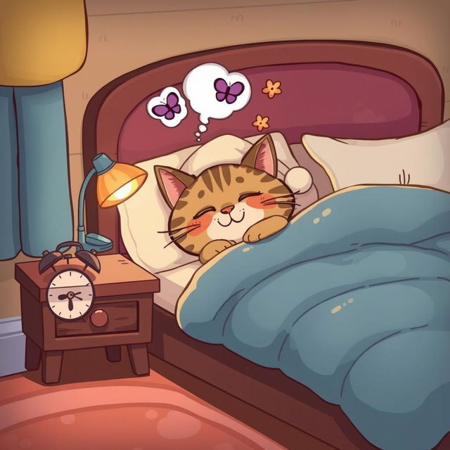 A playful cartoon scene depicting a sleepy character, a friendly and plump tabby cat, nestled in a cozy quilted bed