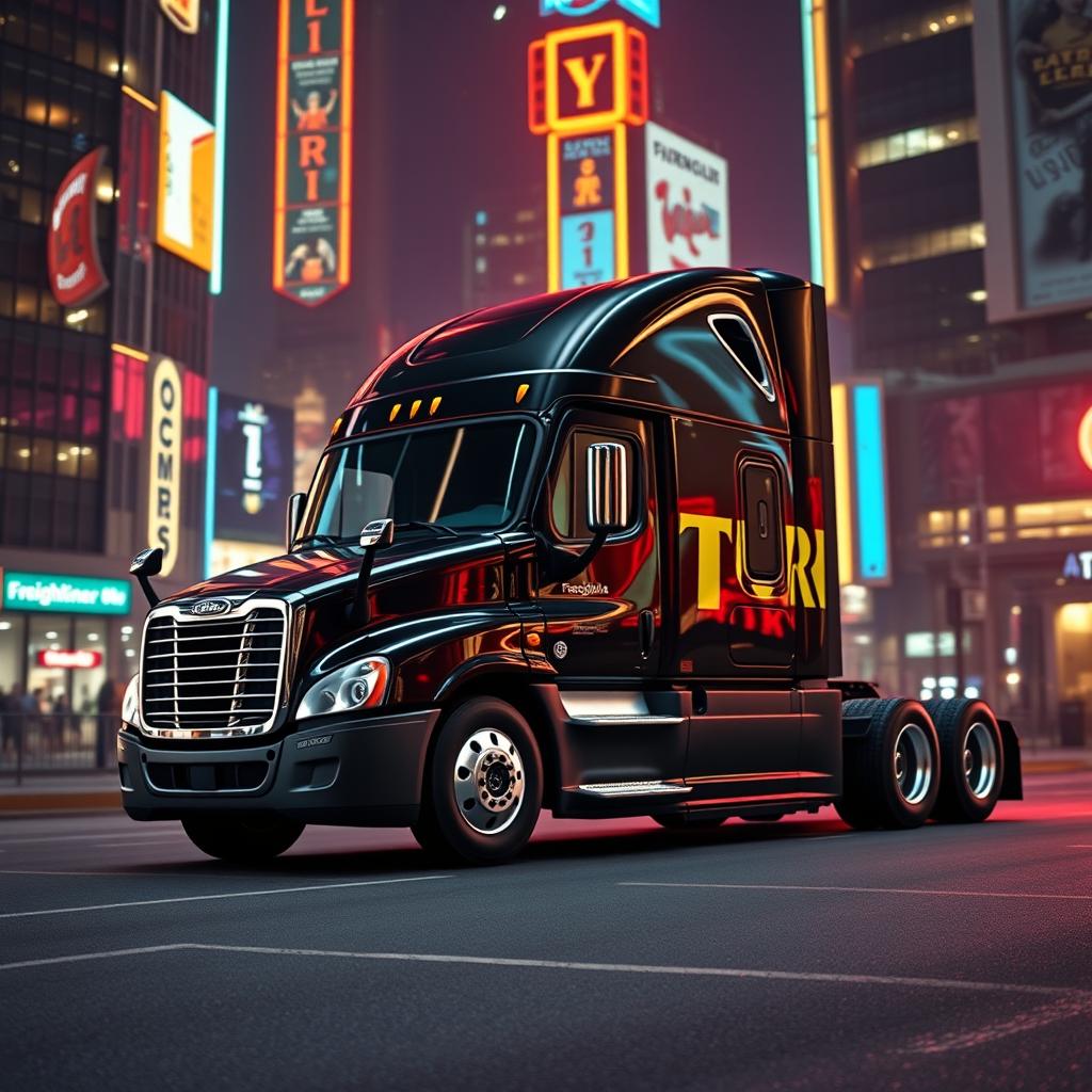 a shiny black Freightliner Cascadia positioned in a bustling neon cityscape at night