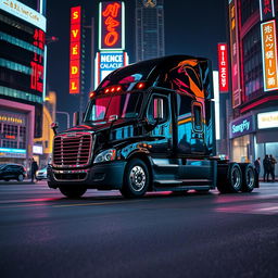 a shiny black Freightliner Cascadia positioned in a bustling neon cityscape at night