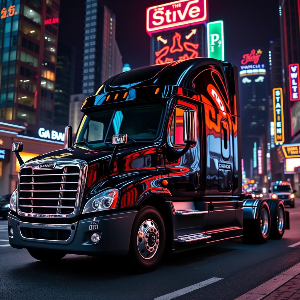 a shiny black Freightliner Cascadia positioned in a bustling neon cityscape at night