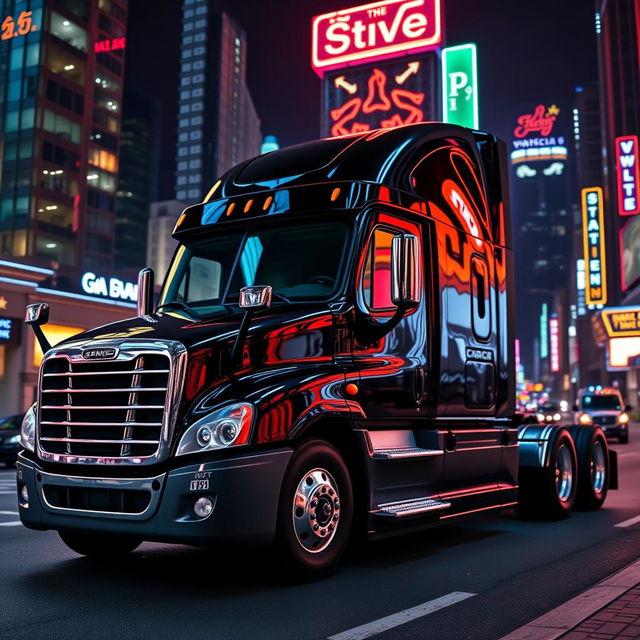 a shiny black Freightliner Cascadia positioned in a bustling neon cityscape at night