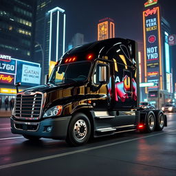 a shiny black Freightliner Cascadia positioned in a bustling neon cityscape at night